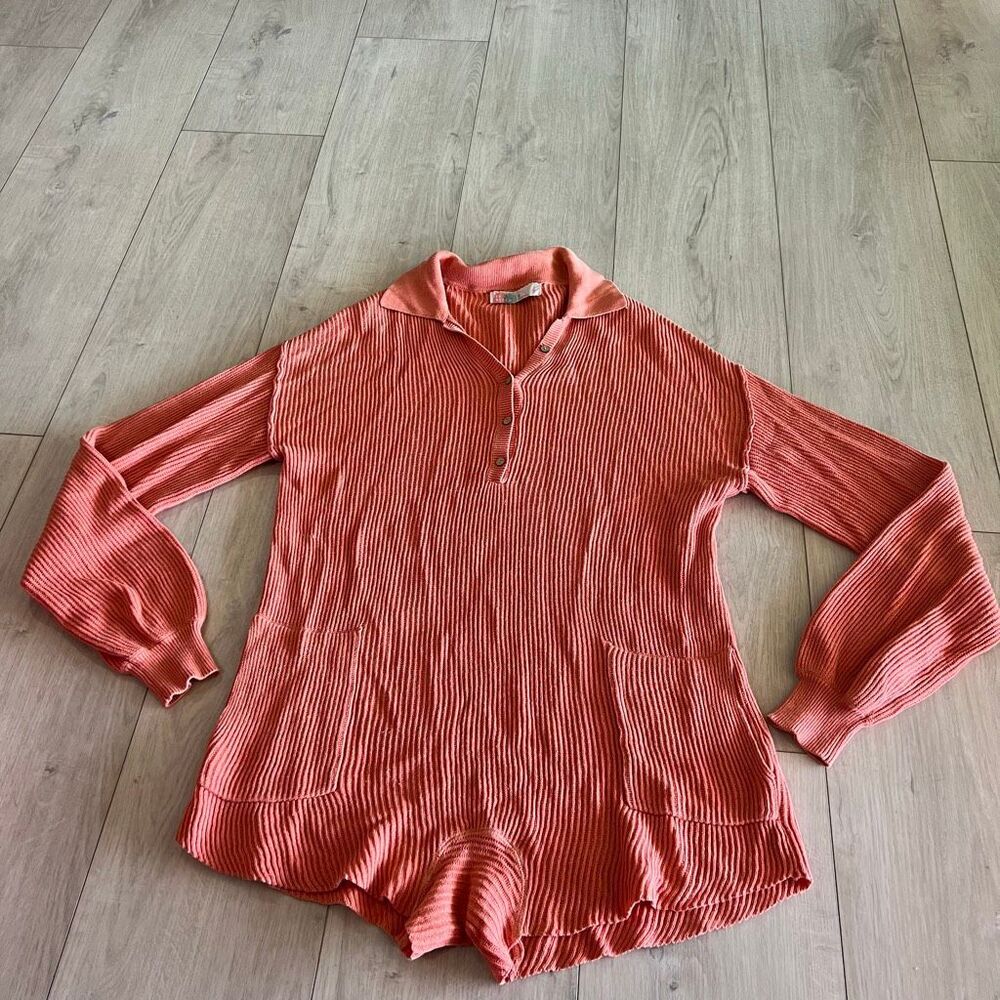 Free People Coral Ribbed Long Sleeve Romper